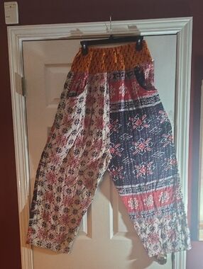 Boho Patchwork Wide-Leg Pants Kantha Navy ,Cream, Pink, White ,Red, Orange Waist